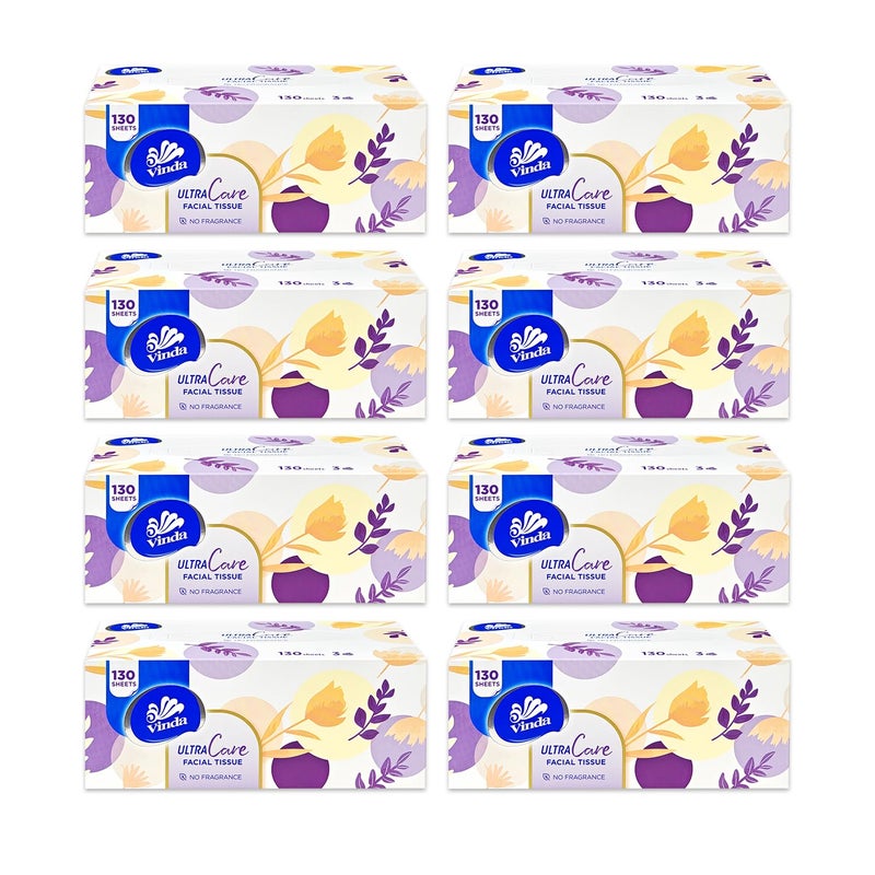 Vinda 3Ply Ultra Care Facial Tissues 130 Soft Strong Sheets per Box 8 Flat Boxes Hypoallergenic Gentle for Sensitive Skin Ideal for Home Office and Everyday Use